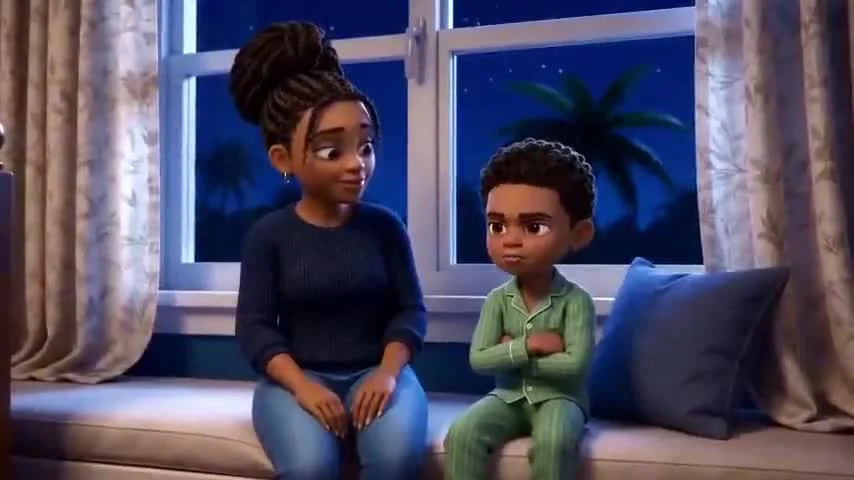 Mahdi sitting with his arms folded beside Mama in his bedroom at night.